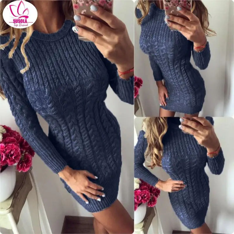 Lady Spring Autumn Winter Women Sexy Slim Bodycon Dresses Warm Sweater Dress Female O-neck Long Sleeve Knitted Dress Vestidos