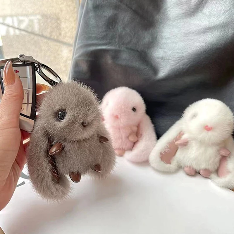 Hase Stofftier Plüschtier Kaninchenfell Schlüsselanhänger Flauschig Weich Niedlich Fuzzy Accessoires Pelziger Schlüsselanhänger Geschenk für Mädchen Kinder