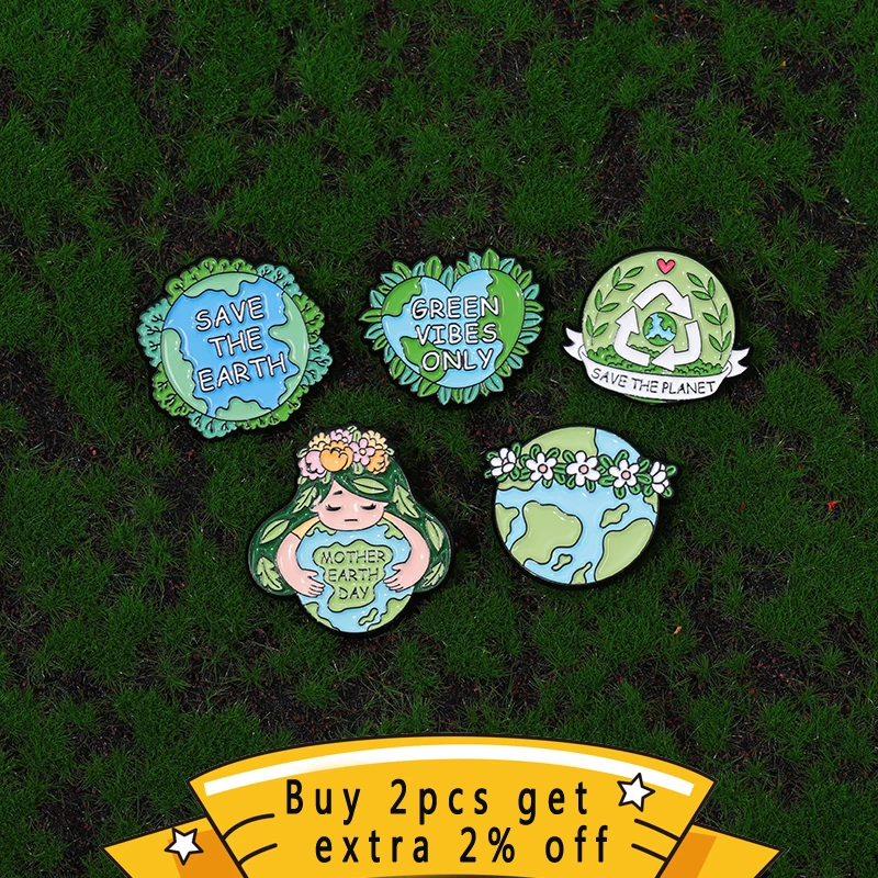 Save The Earth Green Vibes Only Enamel Pins Recycling Renewable Resources Brooches Lapel Badges Natural Jewelry Gift