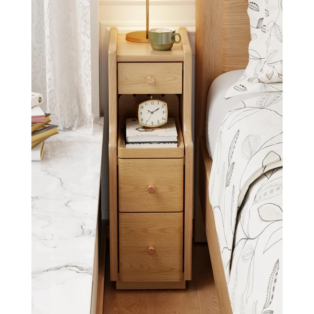 

Narrow Nightstand with 3 Drawers,Solid Wood Small Nightstand Natural, Modern Small Bedside Tables for Bedroom(Fully Assembly)