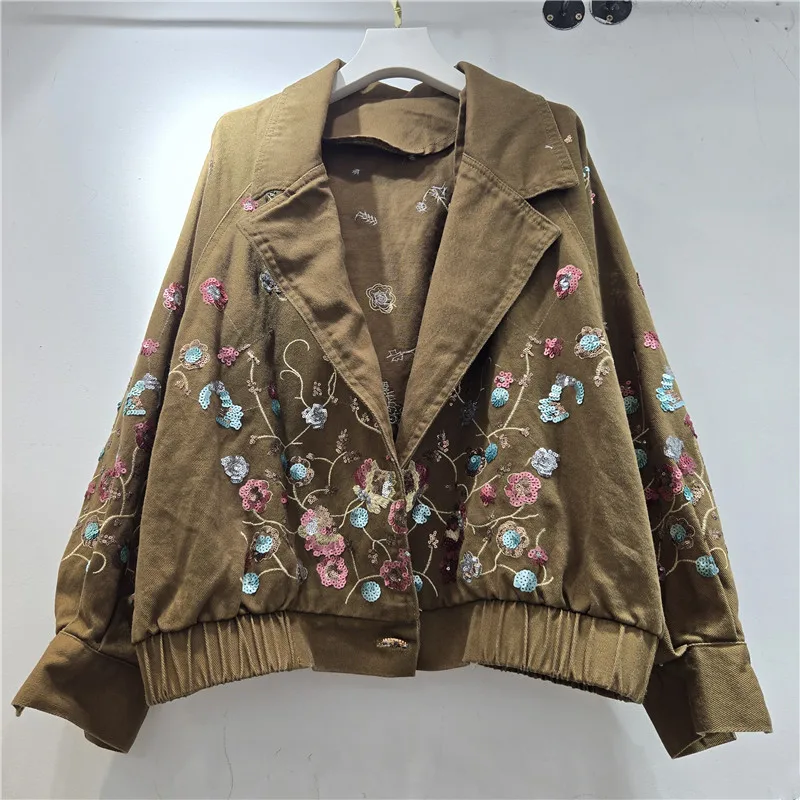 Women's Denim Coat Notched Collar Single Button Colorful Sequins Embroidered Jackets 2026 Autumn Fashion Female Outerwear Tops