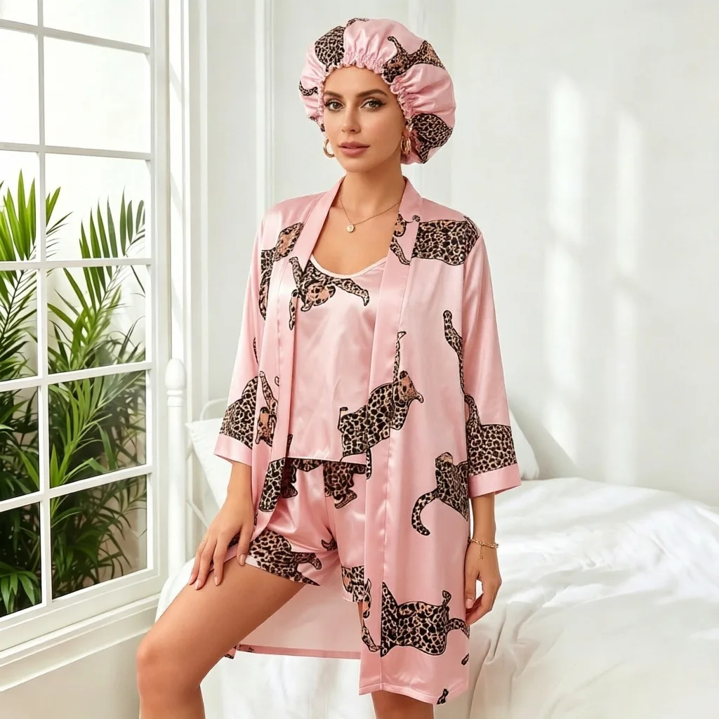 Women Leopard Print Satin Pajama Four Piece Set Spaghetti Strap Shorts Open Robe With Shower Cap Silky Home Sleepwear Loungewear