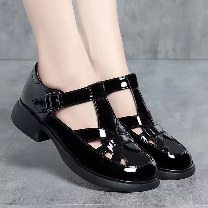 Sandals for women summer wear new style women's shoes head thick heel hollow woven one line buckle leather shoes C1395