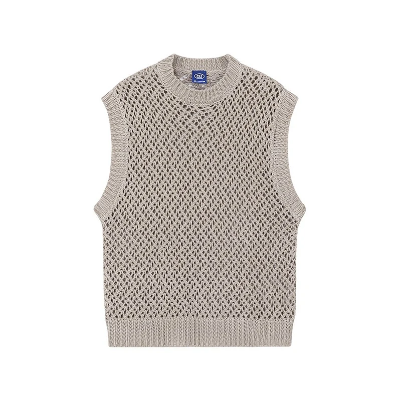 Fall Winter Wavy Pattern Men Vest Sweater Fashion Casual Harajuku Oversized Knitted Couple Tank Streetwear Daily Tops Khaki Grey