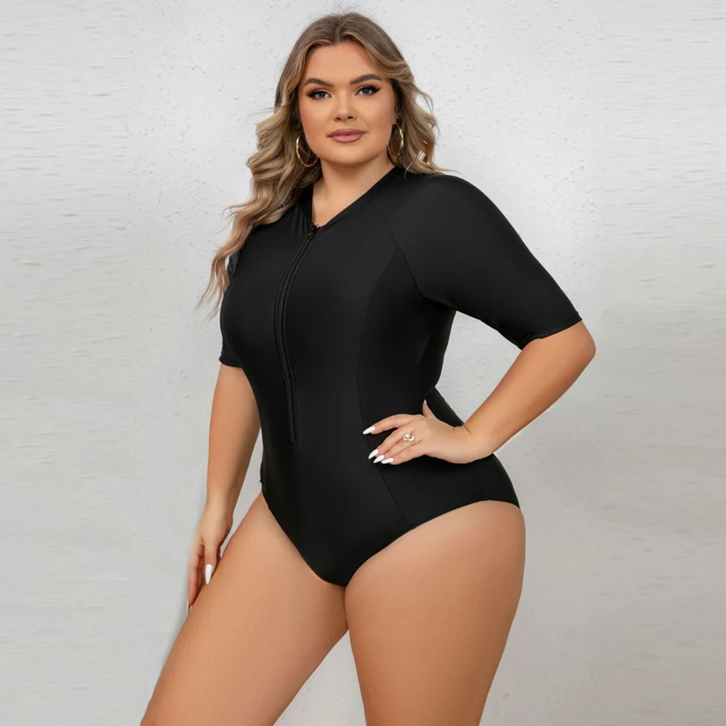 Plus Size Black Color Rashguard Women One Piece Swimsuit Solid Swimming Suit For Big Woman Modest Swimwear Sexy Surfing Suit