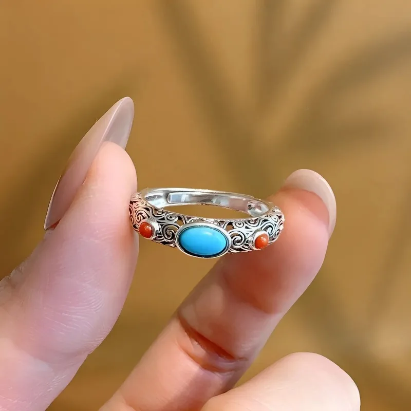 Unisex Vintage Thai Silver Open Ring, Mongolian Pattern Auspicious Cloud, Oval Turquoise & Agate Inlaid Tibetan Silver Adjustabl