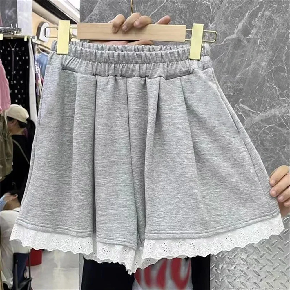 

Grey New Summer Sexy Lace Shorts Fashion Pockets Versatile Casual Streetwear Female Elastic Waist Shorts Women's New Losse Pants