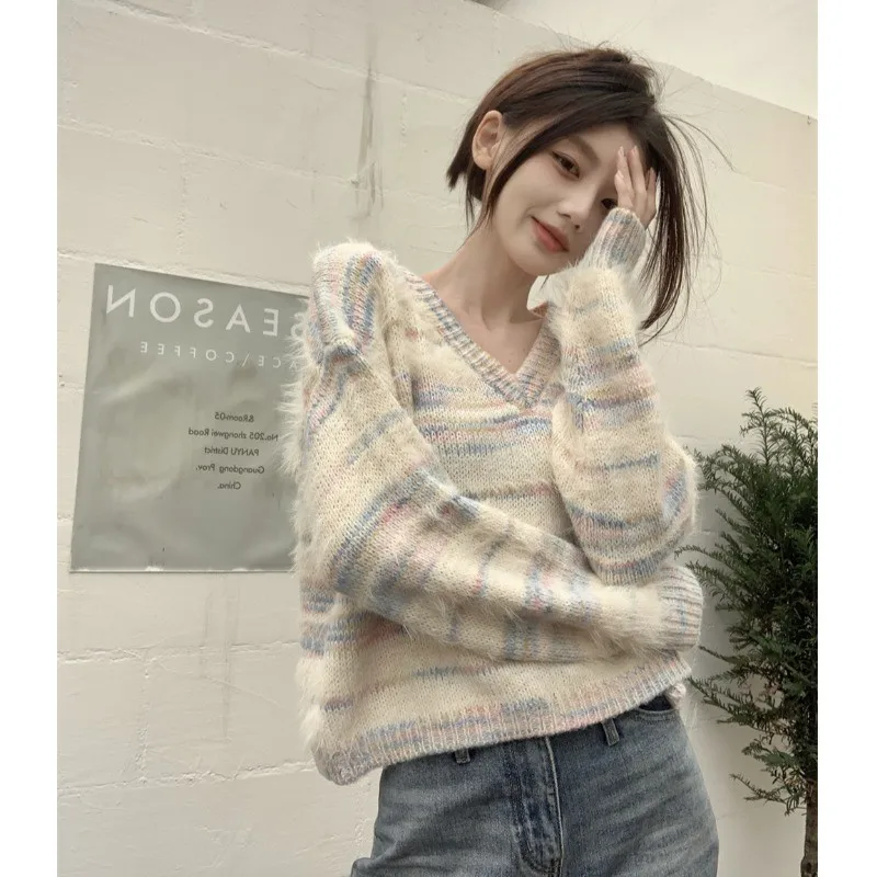 Colourful Striped V Neck Sweater Women Autumn New Long Sleeve Knitshirts Loose Soft Ladies Short Pullover Knitted Tops