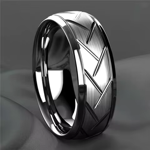 Fashion Men&rsquo;s Silver Color Black Stainless Steel Ring Groove Multi-Faceted Ring For Men Women Engagement Ring Anniversary Gifts