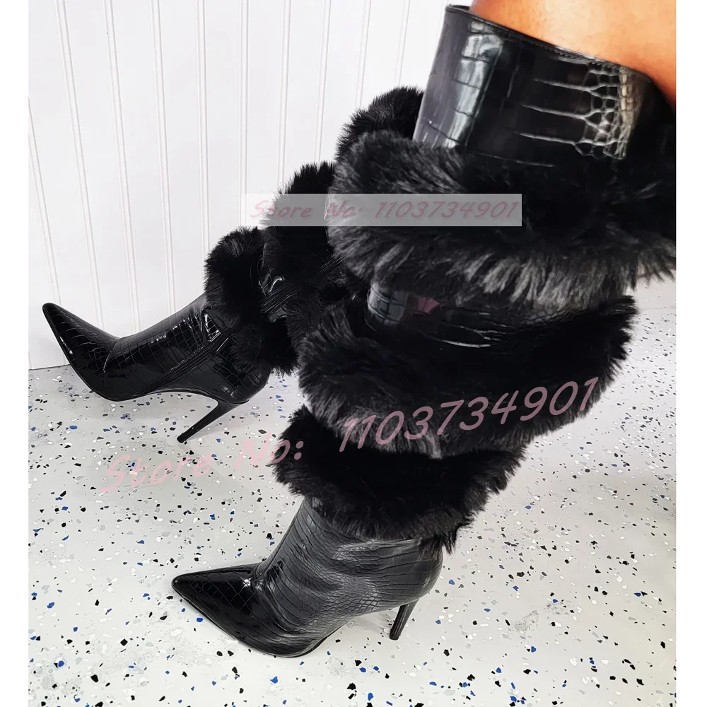 

Черные сапоги до колена с меховым крокодиловым узором, женские пикантные сапоги на высоком каблуке с кроличьим мехом и змеиным ремешком, женские модные ботинки с острым носком