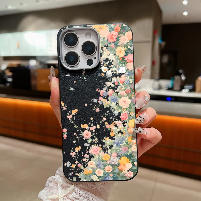 Small Garden Flowers Case  For iPhone 16 Pro Max Coque iPhone 11 12 13 14 15 Pro Max SE Luxury Leather Texture Silicone Cover