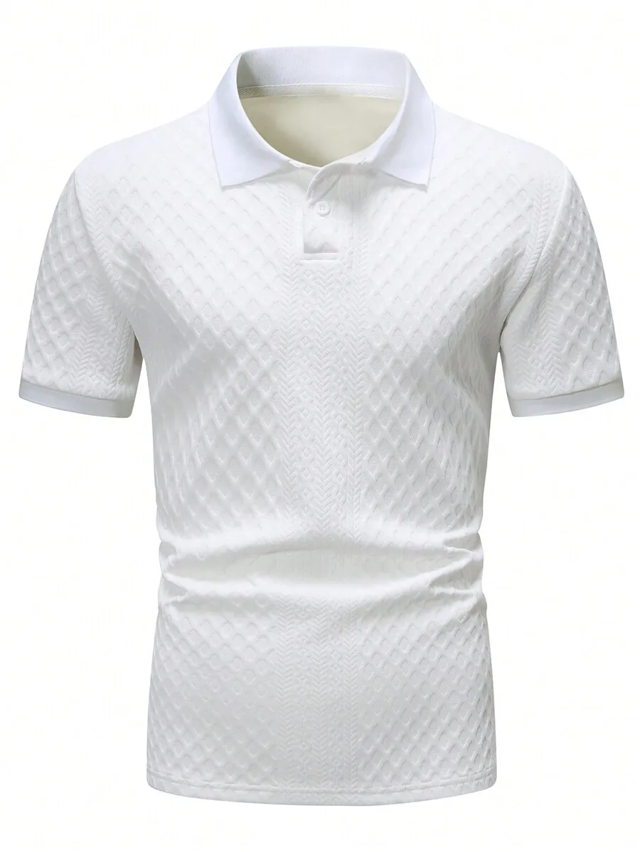 Polo à manches courtes blanc pour homme avec tricot jacquard géométrique, style décontracté pour le port quotidien au printemps et en été