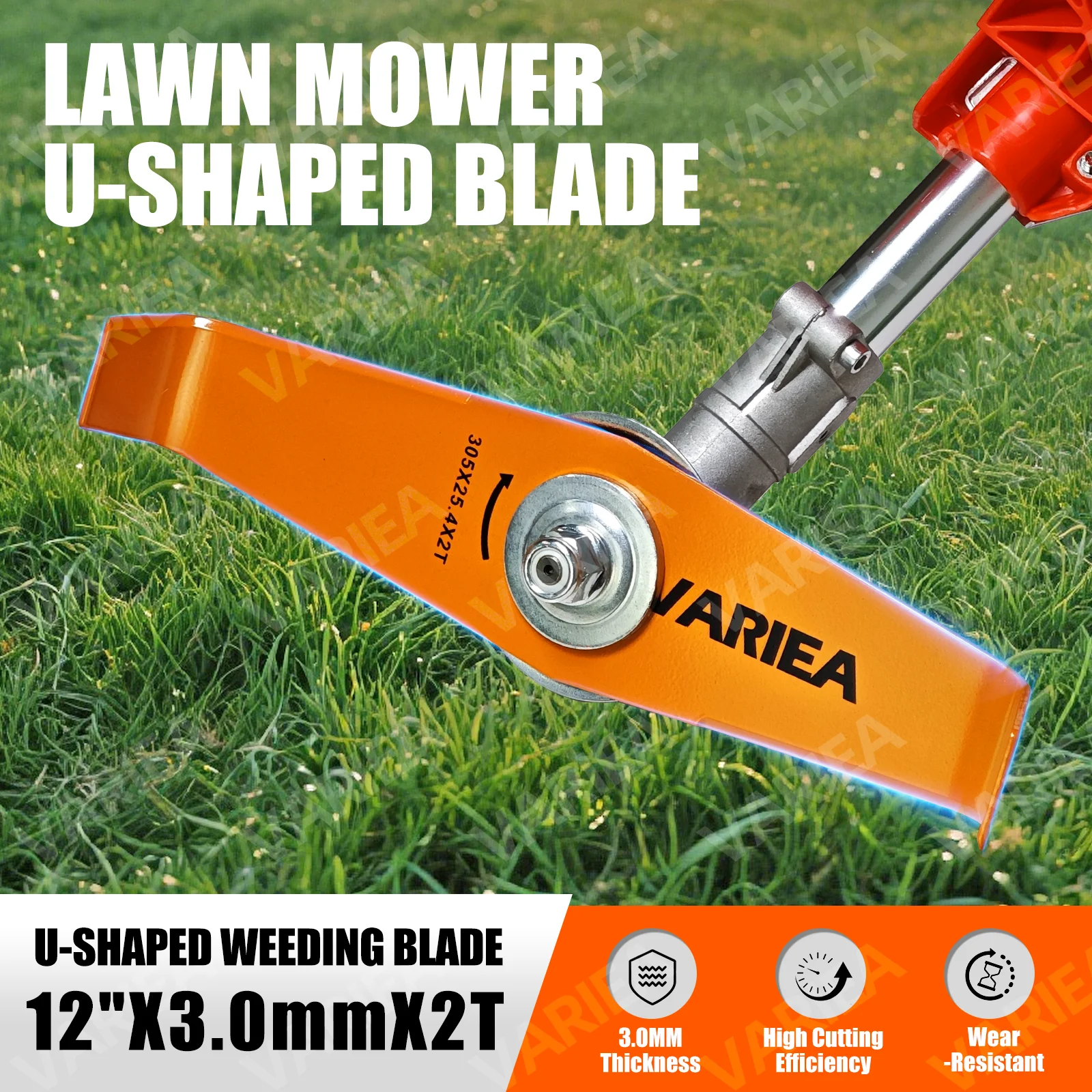 VARIEA-High Quality 12-inch lawn mower blade, thickness of 3.0mm, U-shaped design, efficiently removes stubborn weeds and roots