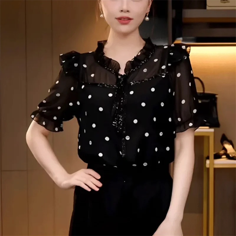 Fashionable Blouses Women Pullover Thin Shirt Short-sleeved Blouse Polka Dot Ruffled Splicing Blous Casual Female Shirt