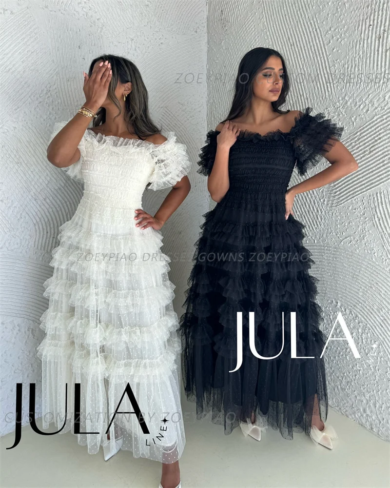 Vestidos De Noche De tul blanco y negro con hombros descubiertos, línea A, formales, escalonados, largos, personalizados