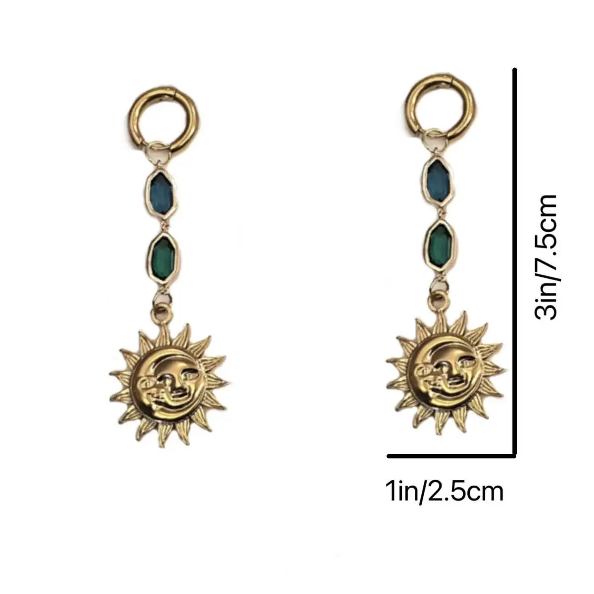 MOJOY Vintage Sun Moon Face Dangle Earrings Gold Huggie Hoop Blue Green Crystal Long Drop Earrings Lady Bohemian style Jewelry