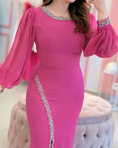 Womens Dresses 2025 Spring New Fashion Pearls Decor Sheer Chiffon Lantern Sleeve Slit Evening Dress Slim Fit Party Dress