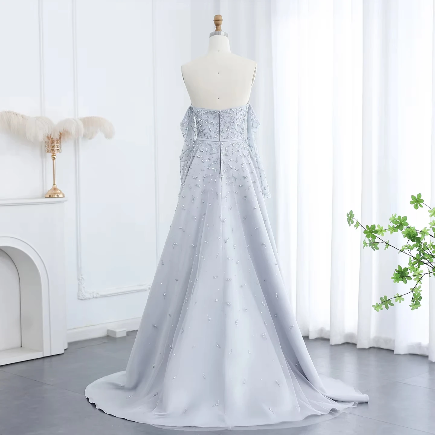 Arabic Silver Gray Luxury Dubai Evening Dress With Overskirt Sleeves Woman Wedding Party Elegant Prom Formal Gowns Lsz484