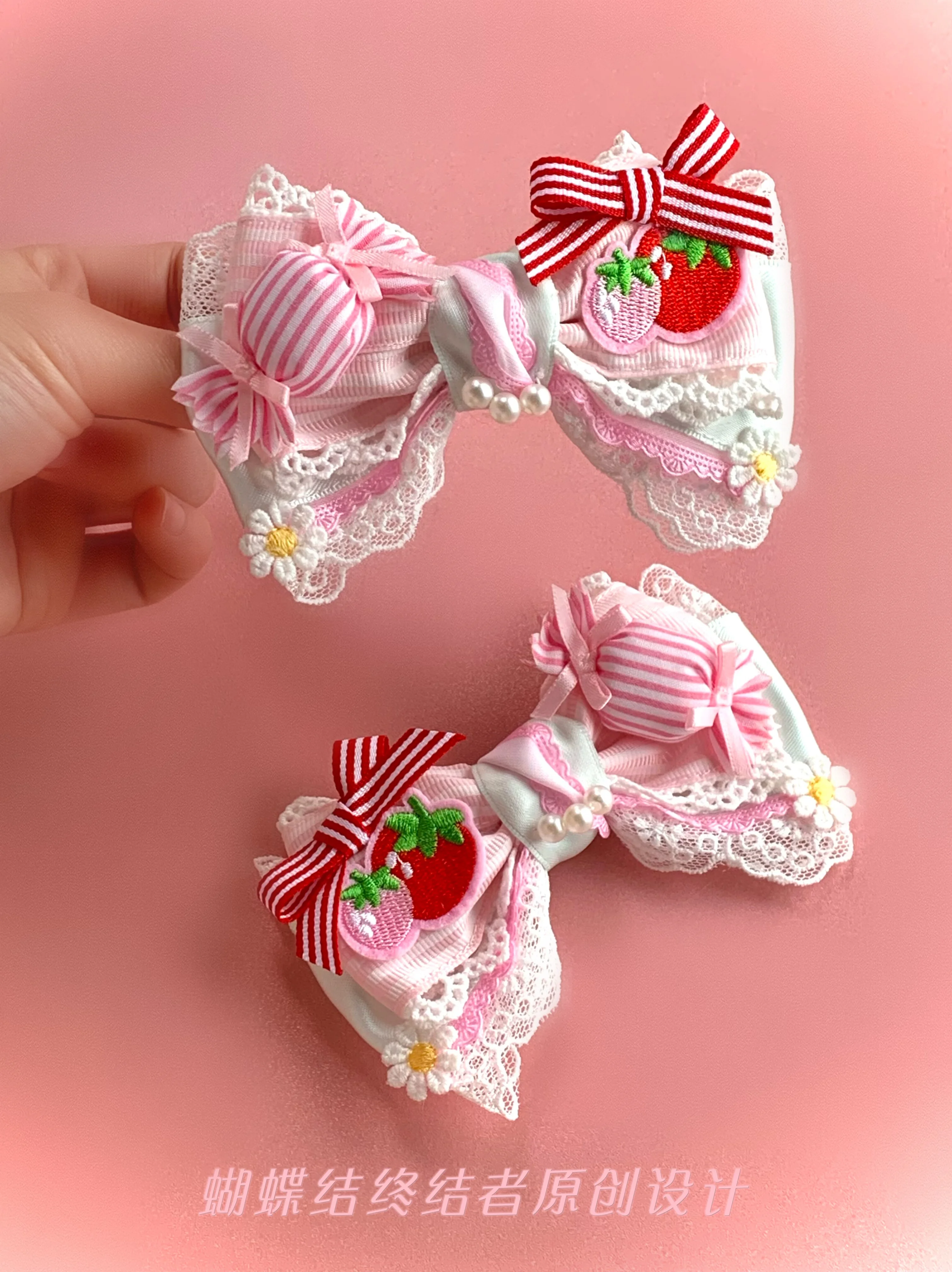 Original Pink Green Striped Strawberry Edge with Candy Embroidered Flower Lolita Headgear Handmade Sweet Little Thing 2