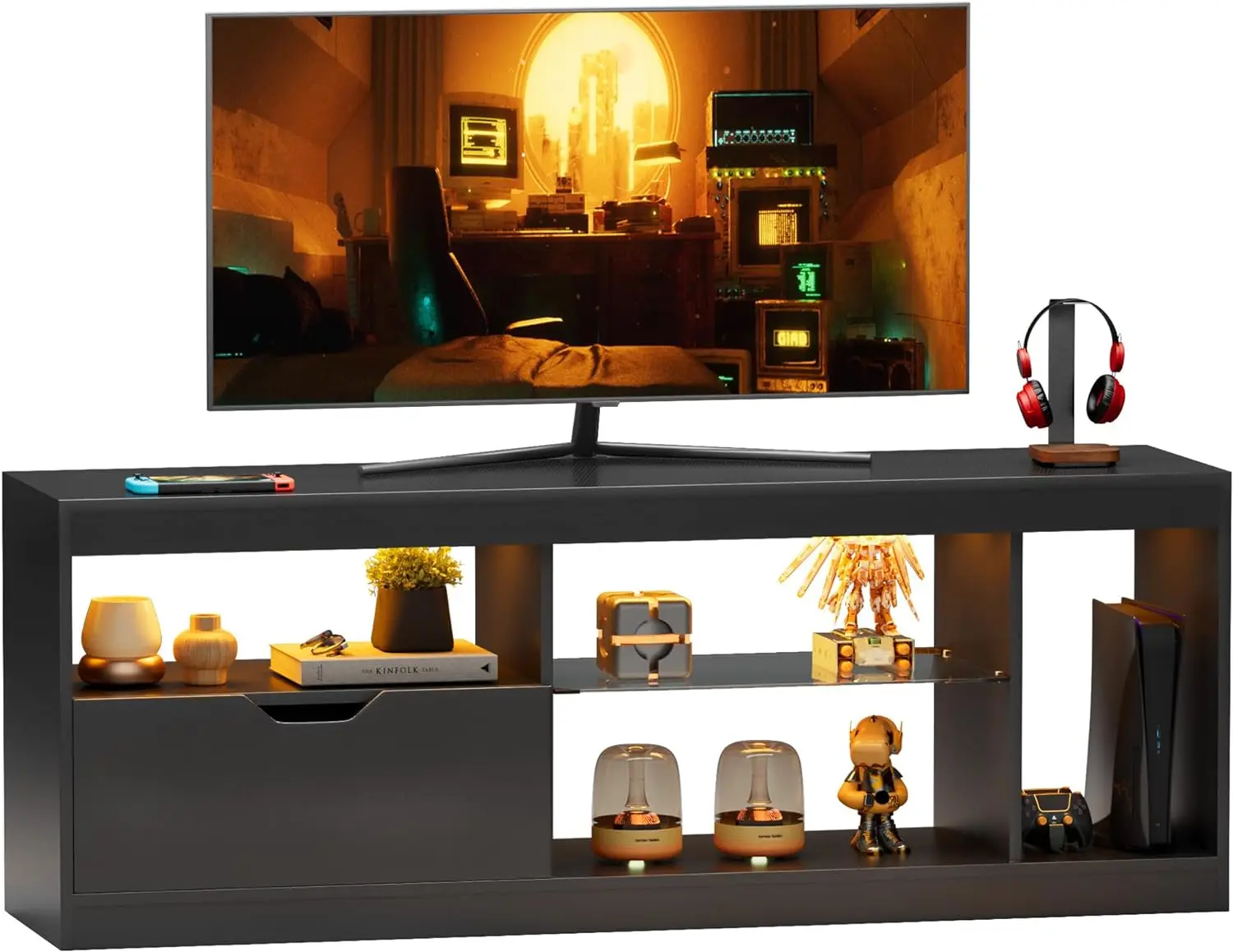 

TV Stand Entertainment Center Gaming Stand for 65+ Inch with Carbon Fiber Top, Dynamic RGB Modes Cabinet Game Console