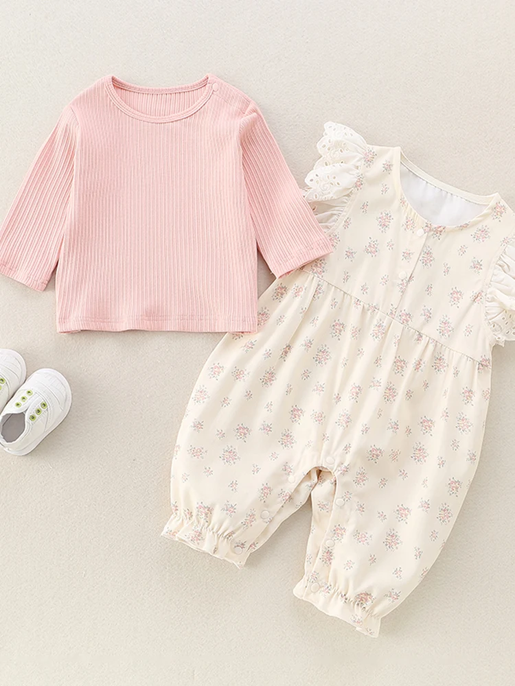 

Весенний комплект из двух предметов с цветочным принтом для девочек: удобный, универсальный, из смесового хлопка, с длинными рукавами и рукавами-крылышками