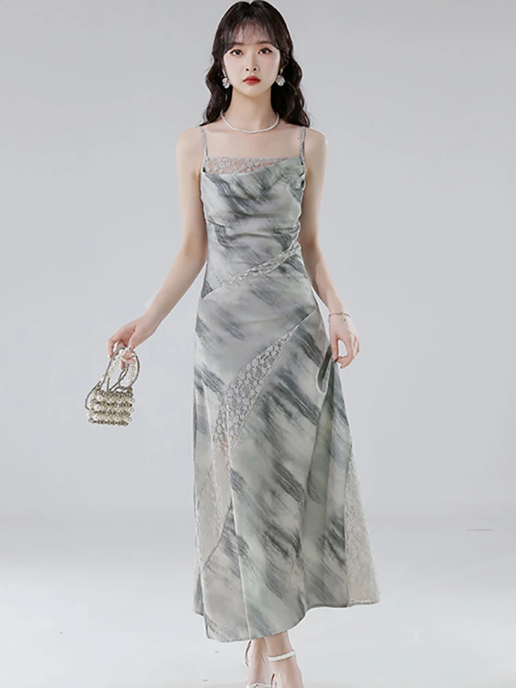 2025 Stampa Patchwork Pizzo Sexy Sling Abito lungo Donna Vintage Luxury Dance Party Dress Estate Coreano Aderente Festival Abito da ballo