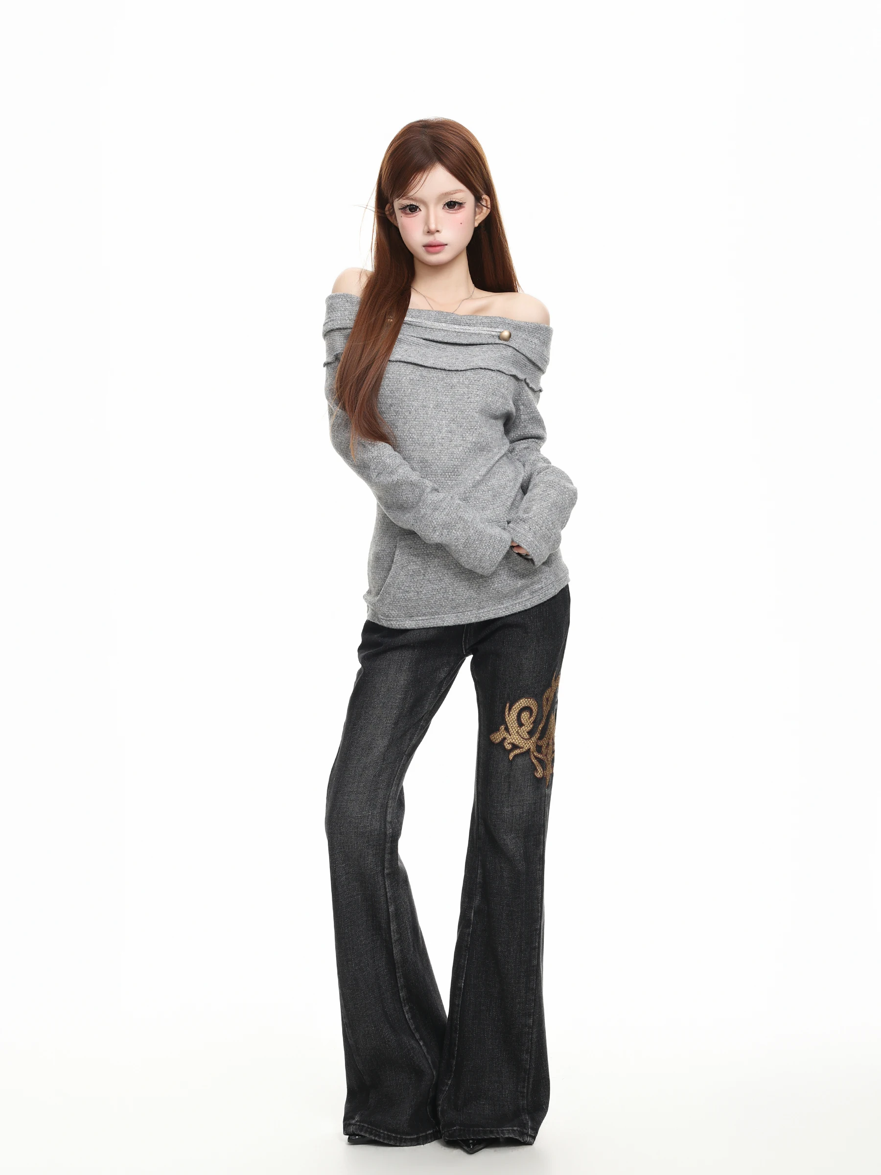 BASTERDS American Style Hot Girl Double Button One Shoulder Long Sleeve T-Shirt Women's Slimming Knitted Top for Autumn