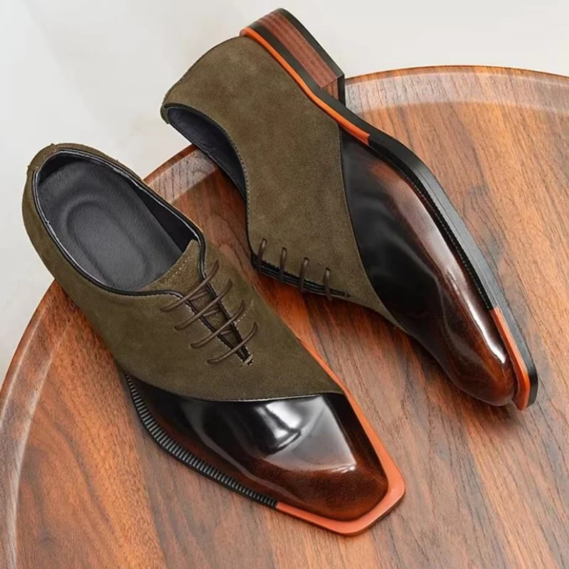 

High Quality Square-toe Lace-up Leather Formal Shoes With Color-rubbing Frosted Craftsmanship Men's Dress Shoes Oxford Shoes