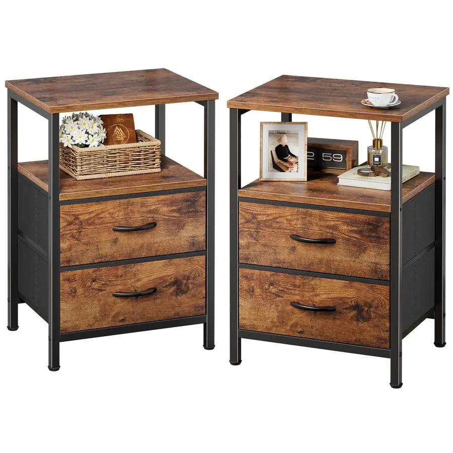 

Night Stand Set of 2, Nightstand with 2 Drawers, Bed Side Table with Open Shelf, Wooden Top, End Table, Fabric Drawer, for Bedr
