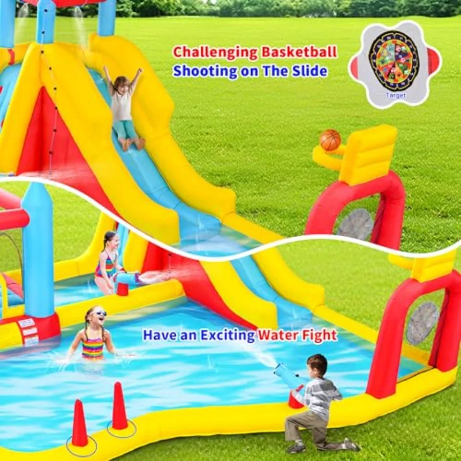 Opblaasbaar springkasteel met ventilator Springkasteel met klimmuur Dubbele basketbalhoepels Dartbord Ring Toss