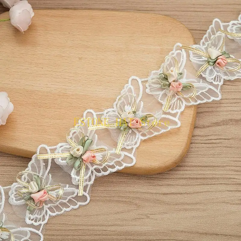 49MF 1 Yard Rose Flower Embroidery Lace Trim Ribbon Pearl Beaded DIY Sewing Applique