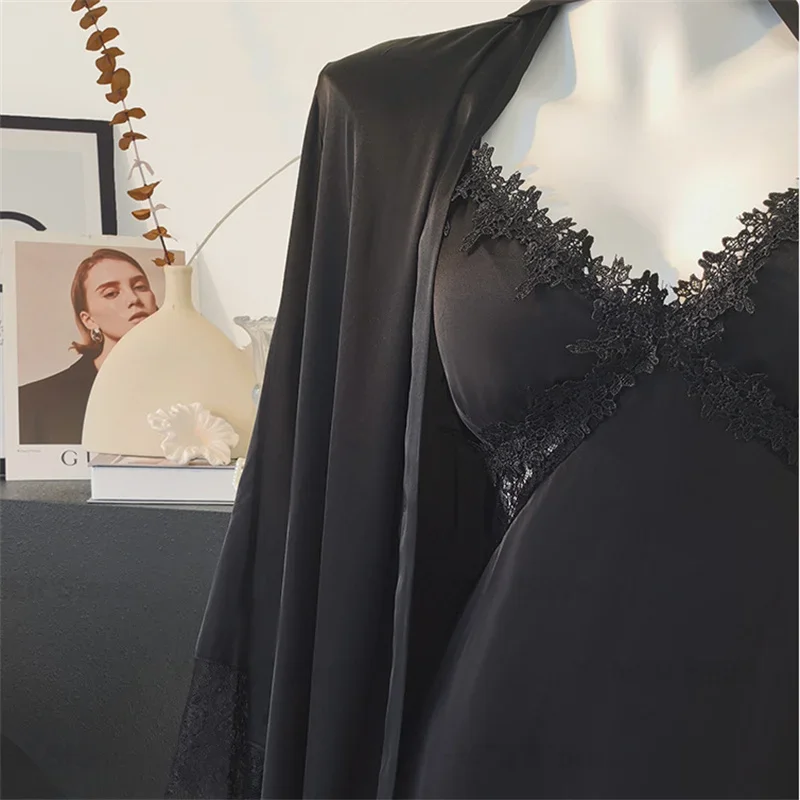 Abiti da sposa lunghi da sposa Camicia da notte e vestaglia da donna Set da 2 pezzi Indumenti da notte leggeri con cinturino per spaghetti in pizzo sexy con imbottitura sul petto