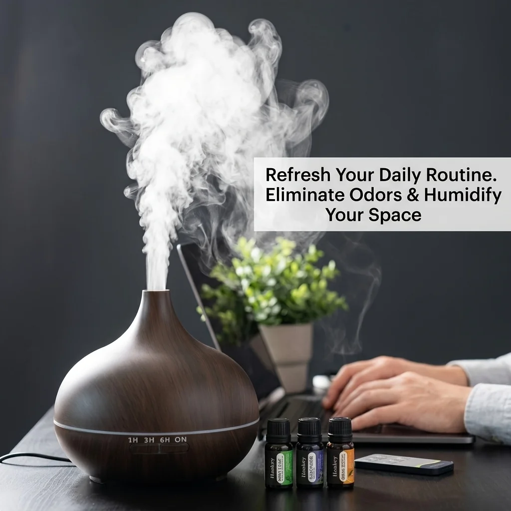 550ml sonic cooling mist humidifier with essential oil diffuser and smart sensor, automatic mode, suitable for bedrooms and offices, quiet operation, long battery life, easy top filling, 360° nozzle, night light, and pre-filtration system.