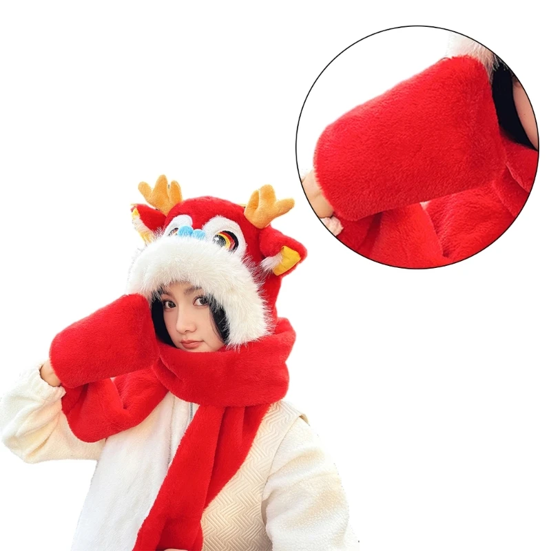 Adult Winter New Year Dragon Head Hat Gloves Scarf Earflap Hat Warm for Women