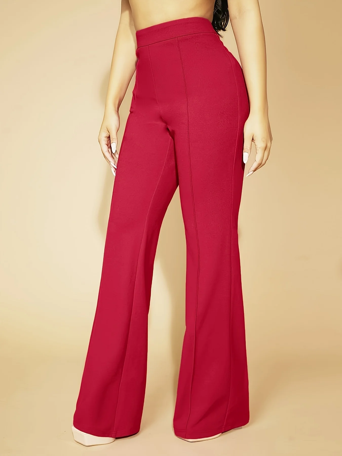 Plus Size Elegant Straight Leg Pants - Stretchy Polyester FabricHigh WaistSolid Color All-Season,Casual Chic Style for Spr