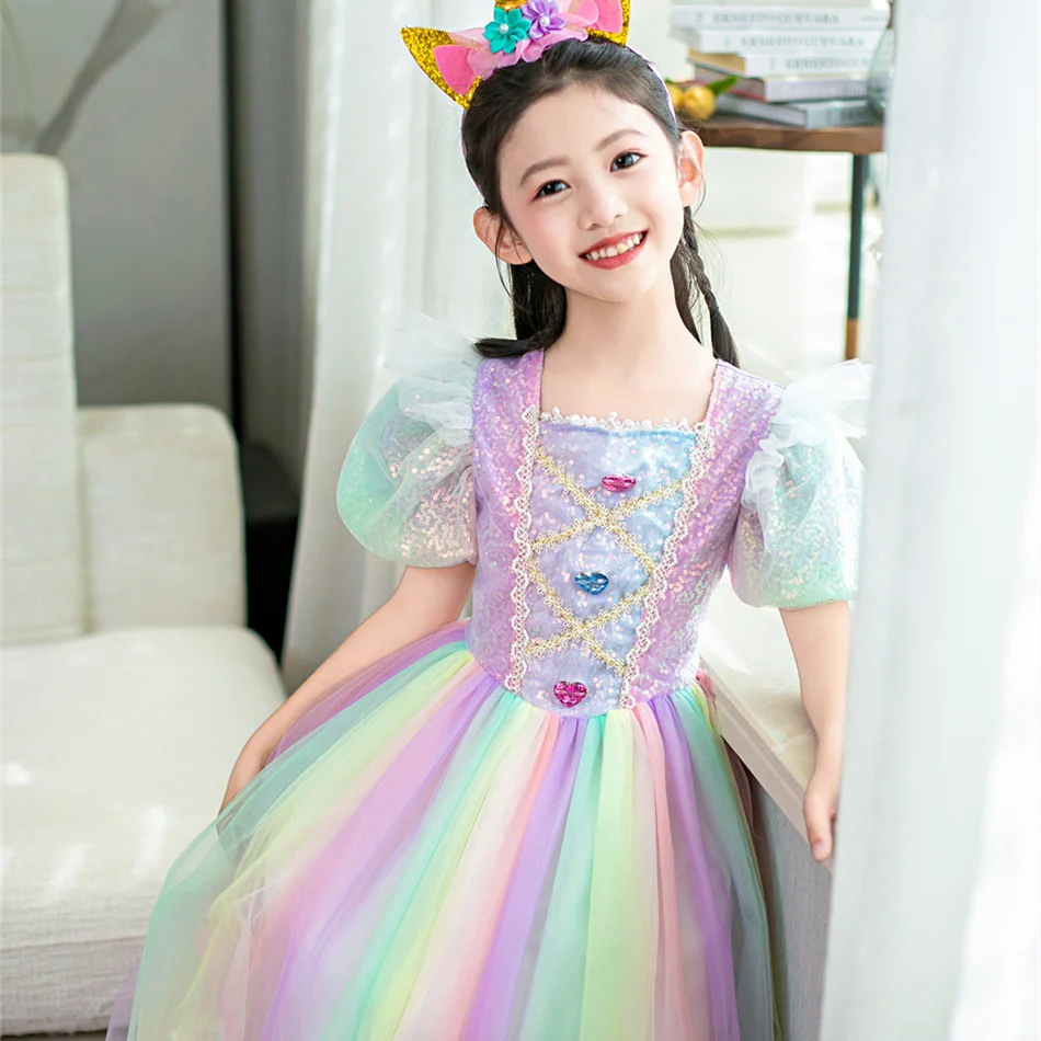 Girls Unicorn Rainbow Dress Kids Halloween Birthday Carnival Party Fancy Vestido Gradient Costume Princess Puff Sleeve Ball Gown