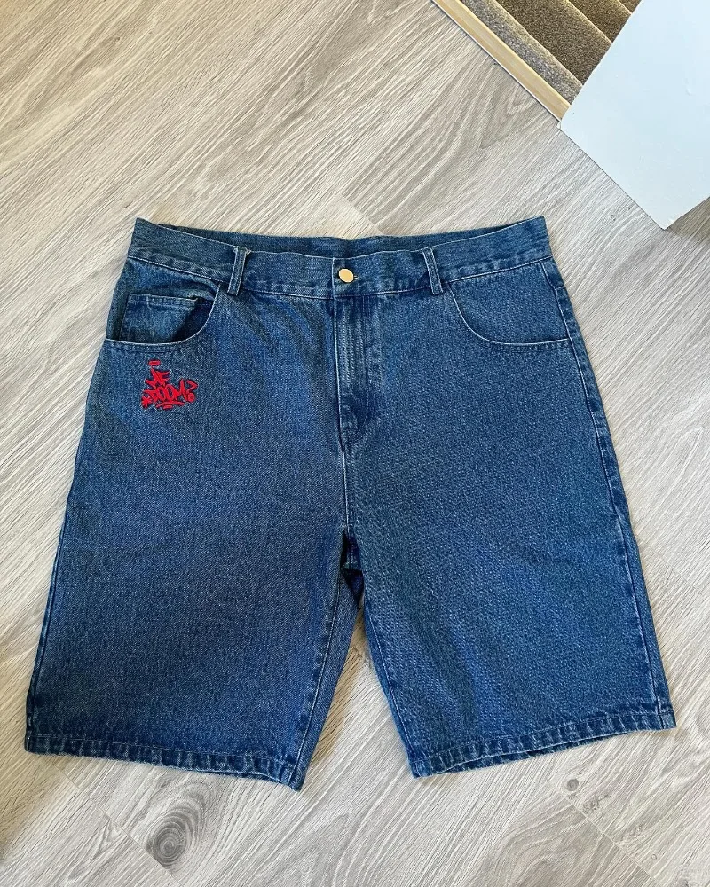 Shorts jeans monogramados para mulheres, rua americana, calça azul vintage, tendência Harajuku, rua alta, jeans esportivos, verão, Y2K, 2024