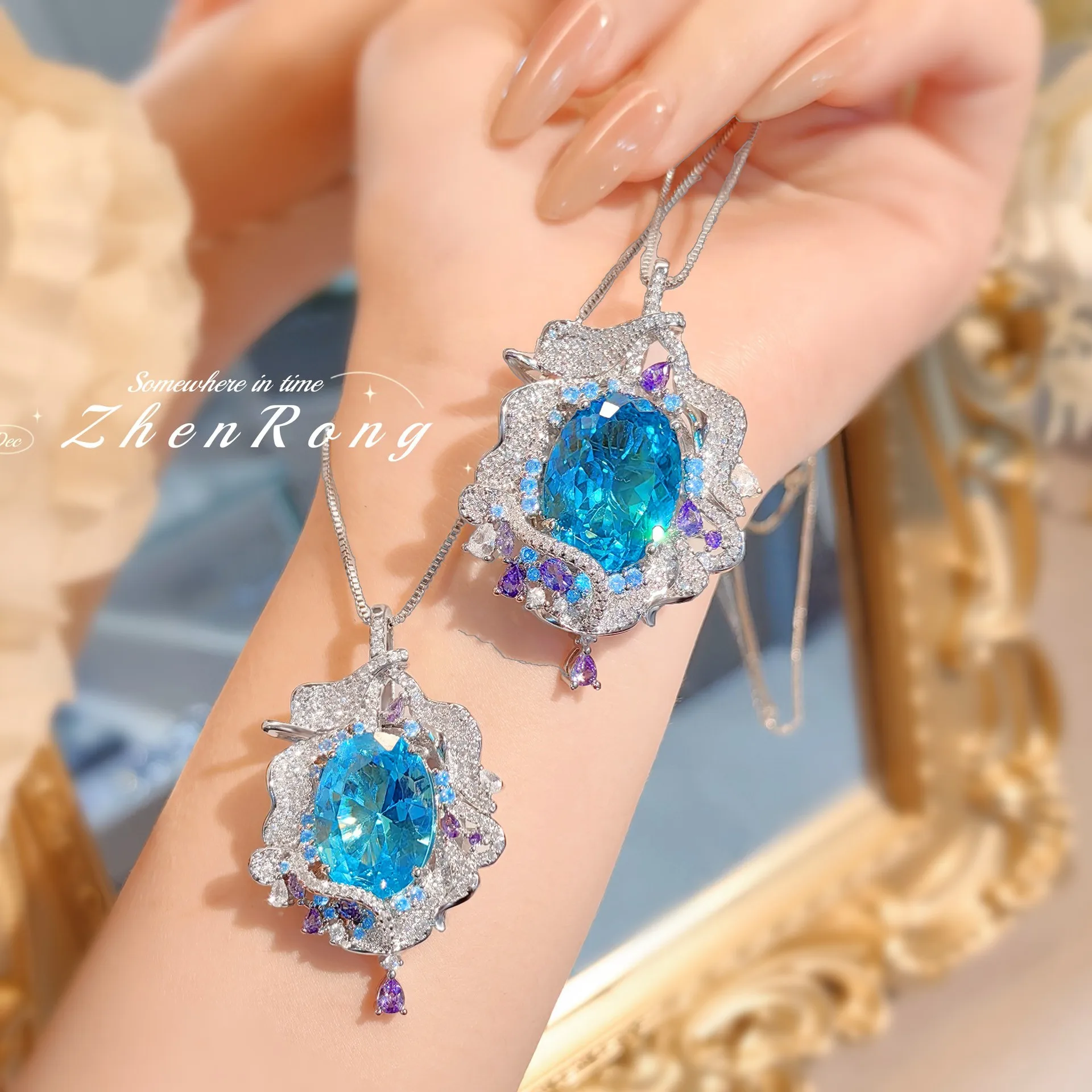 Sparkling niche exquisite sea blue zircon inlaid large carat Santa Maria necklace for women