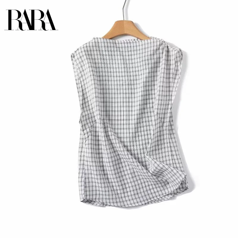 

RARA Ladies' Commuting - style Raglan - sleeve Short - sleeve Waist - cinching Checkered Shirt for a Stylish Look