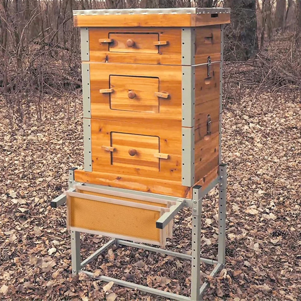 

Bee Hive with Metal Frame and Stand, 10-Frame Bee Box Langstroth Beehive Dipped in 100% Beeswax, Easy Assemble Flow Hiv