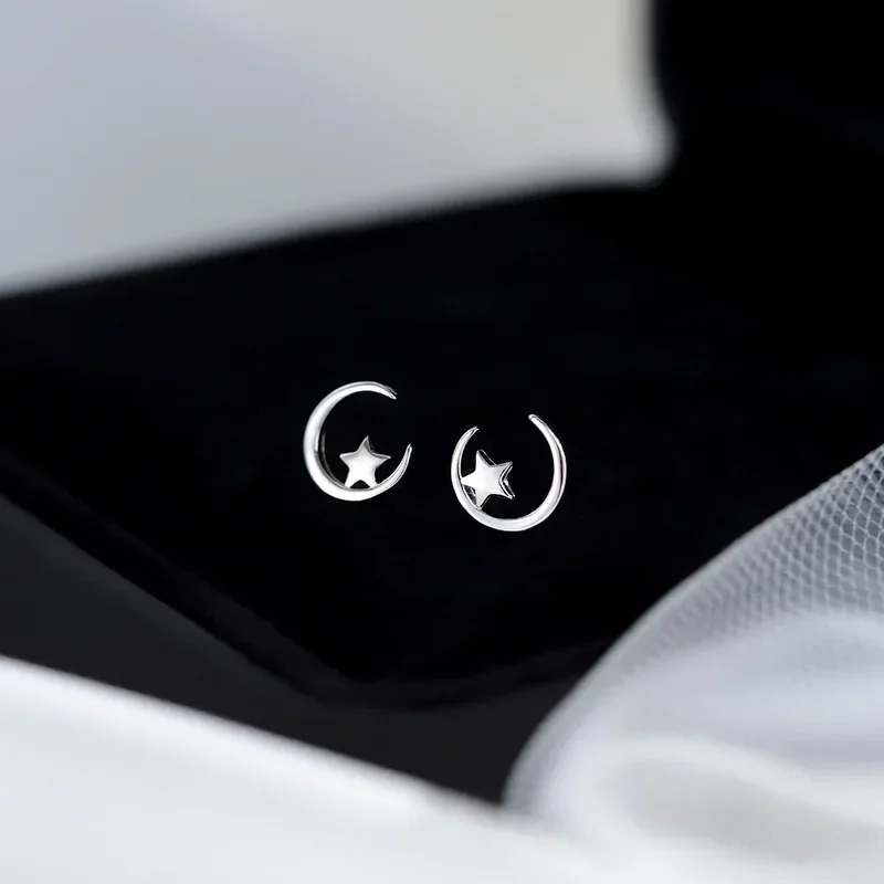 925 Silver Symmetrical Hollow Star Moon Pentagonal Star Stud Earrings for Fashion Women Fine Jewelry Minimalist Accessories