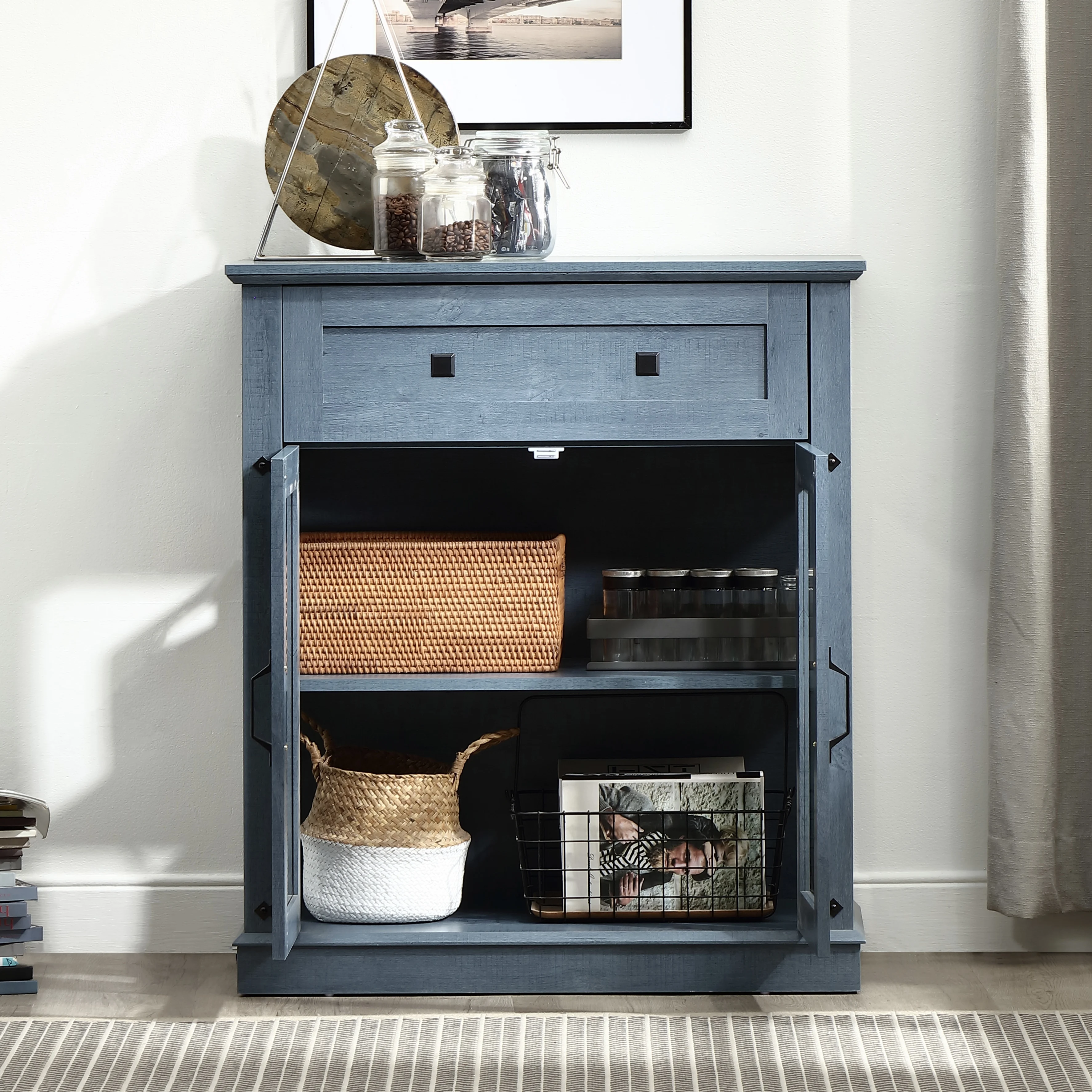 The storage sideboard with adjustable shelves is with 6 color led lighting and drawer, 2 doors,in grey,dark rustic oak and blue