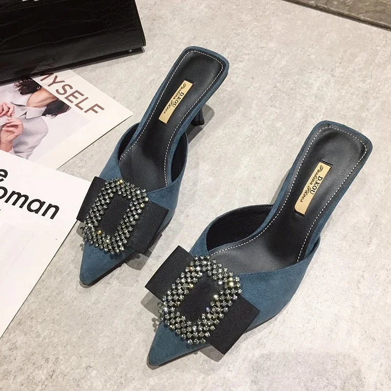 2024 Female Shoes Cover Toe Butterfly-Knot Mules For Women Slippers Casual Square heel Loafers Slides Med Luxury Pointed