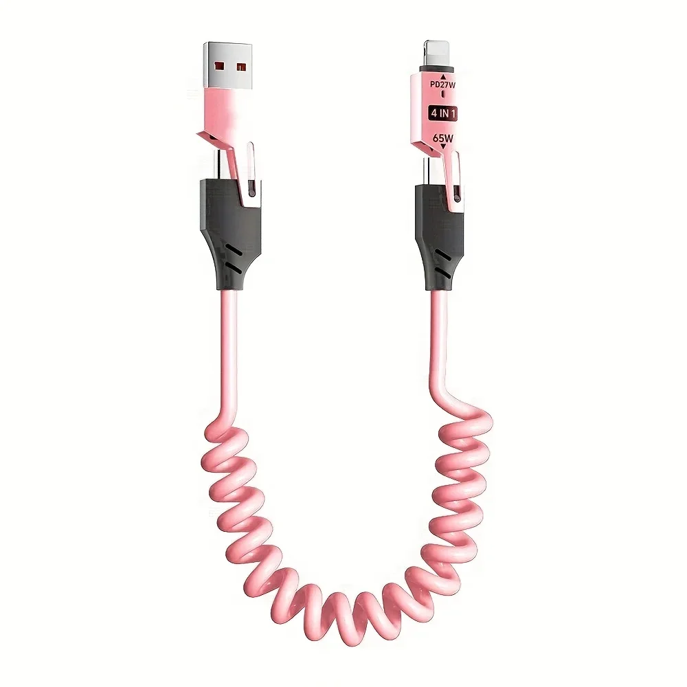 كابل شاحن سريع محمل بنابض السيارة 4 في 1 معتمد من Apple MFi - كابل USB-C متعدد الوظائف بحد أقصى 65 وات