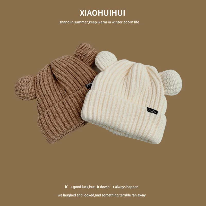 Korean Loose Big Head Waist Little Bear Ears Woolen Hat Women\'s Autumn and Winter Thickened Warm Knitted Hat Cute Ear Protection