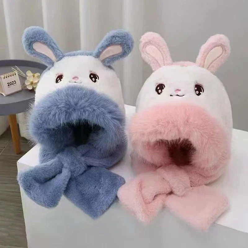 Cartoon Rabbit Baby Plush Hat Scarf Winter Fluffy Fur Ear Protection Cap for Toddler Cute Bunny Ear Kids Boy Girl Beanie Caps