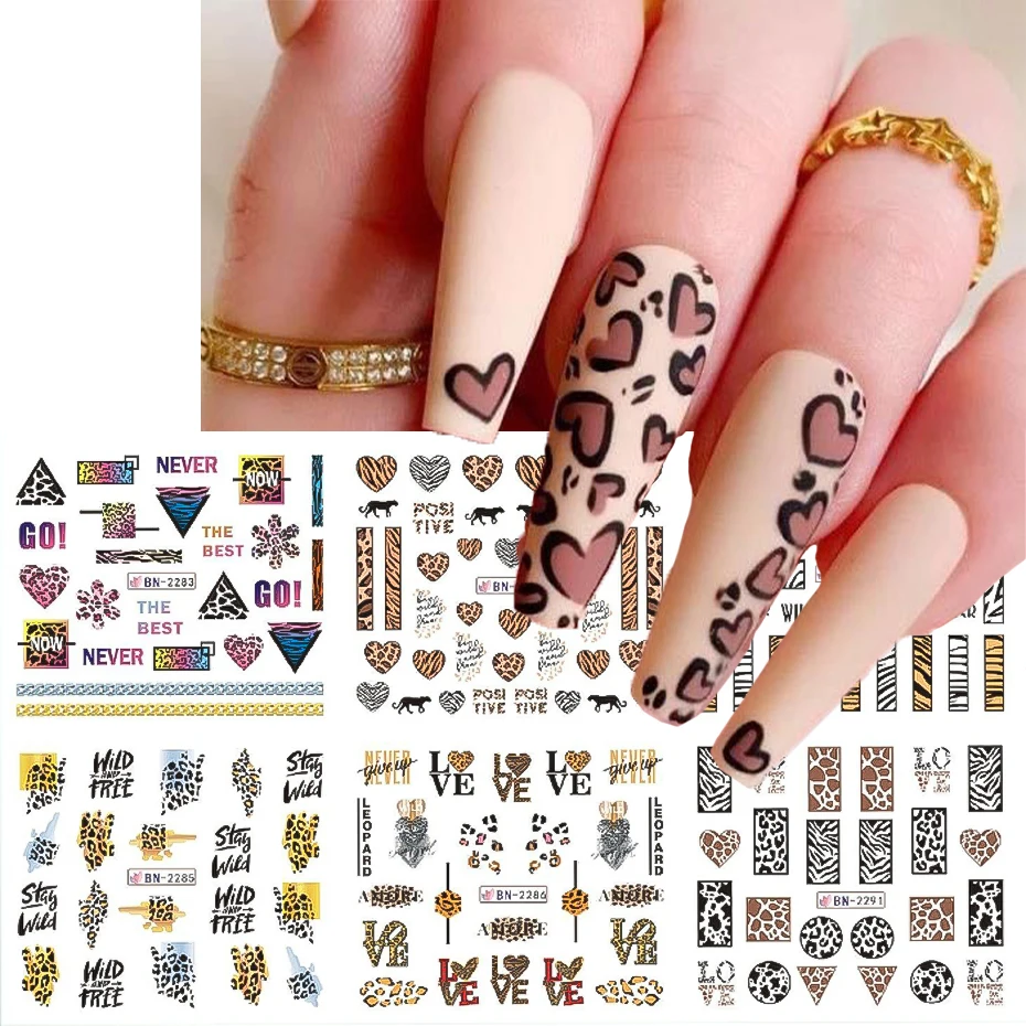 12 pezzi adesivo per nail art con stampa leopardata striscia di animali selvatici cuore d'amore cursore in pelle di tigre geometria tatuaggio manciure adesivo acqua BEBN