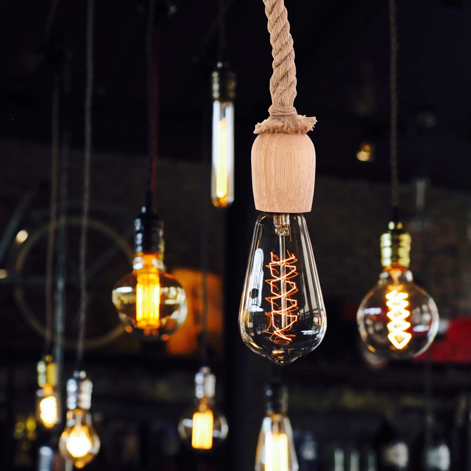 Pendant Light Cord Round Bulb Socket Rubber Wood Hemp Rope Rustic Hanging Light Cord Vintage Bulb Holder Lamp Holder Lighting