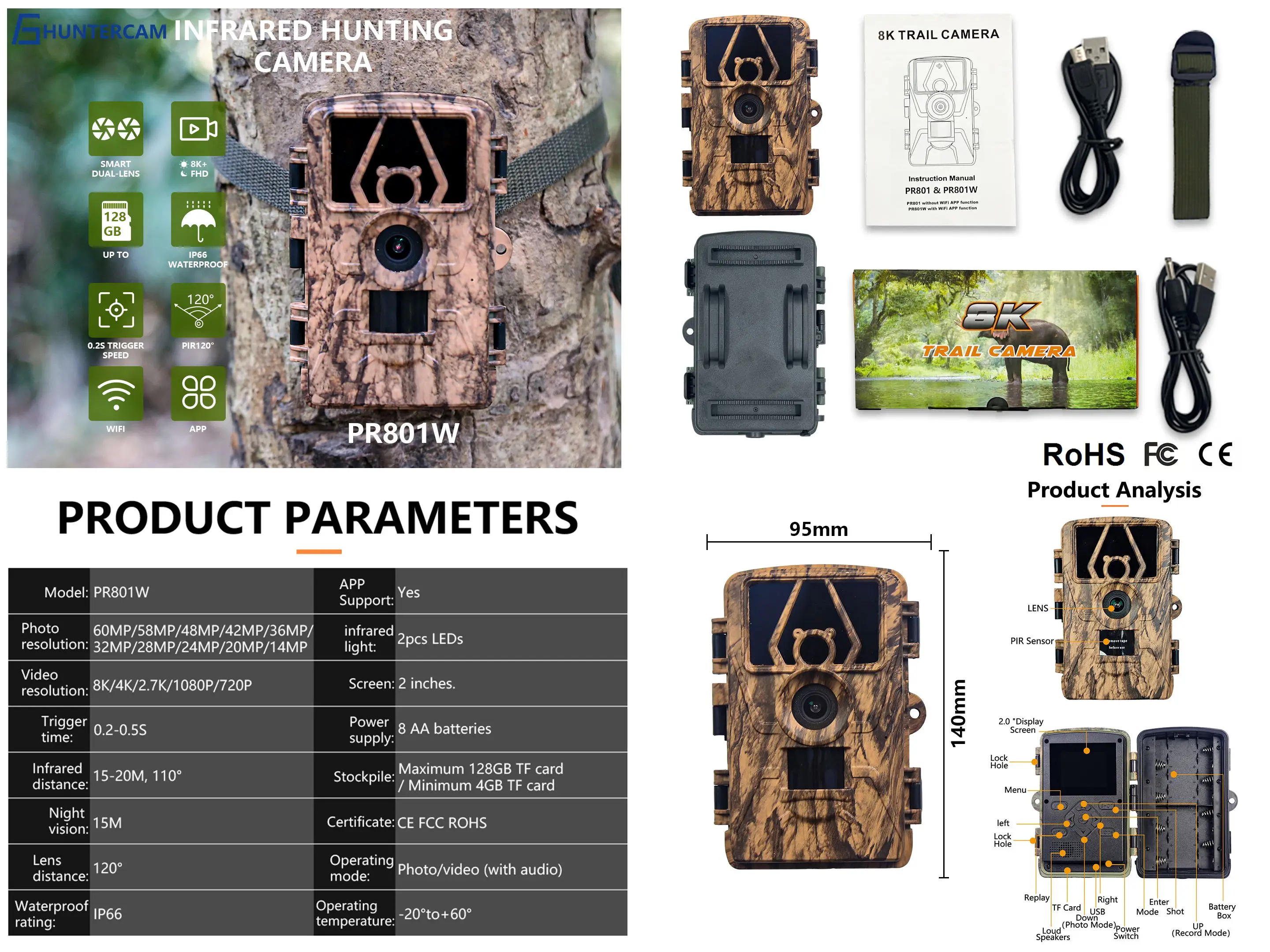 PR801LTE 4G LTE 8K 60MP Hunting Trail Camera fit for US, EU and other 4G countries