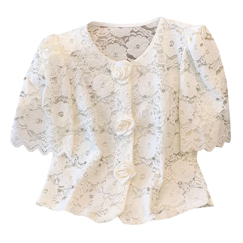 French Hollow Out Hook Flower Lace Shirt Women New Summer Korean Fashion O-Neck Diamonds 3D Floral Short Sleeve Blouse Chic Tops